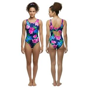 Satara VTG Navy Floral 2D Open Back Keyhole Tank Leotard Pink Trim Size AL